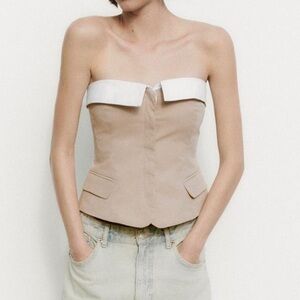 Zara White and tan Gabardine contrast strapless corset